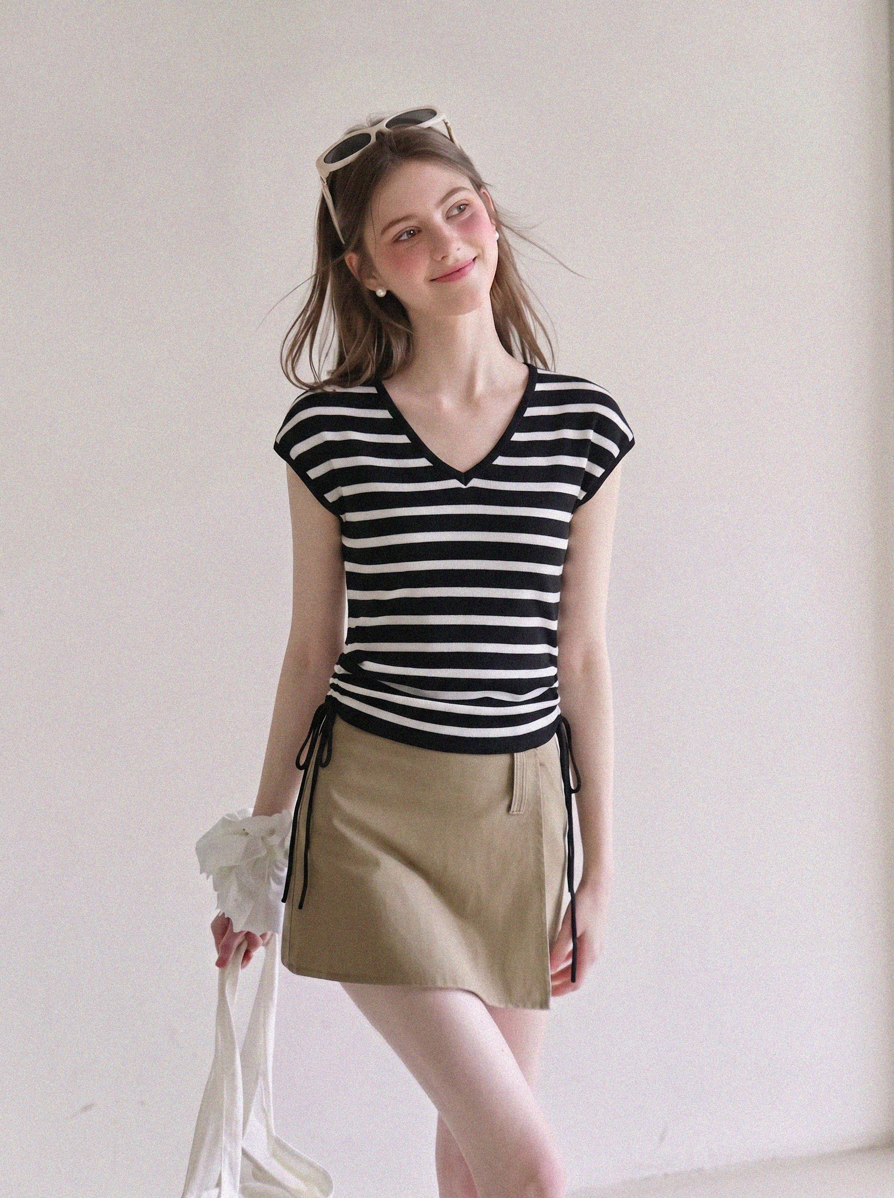 Unique Design Drawstring Knit Short Sleeve Women’s Summer Striped V-Neck Shoulder Slim T-Shirt Top