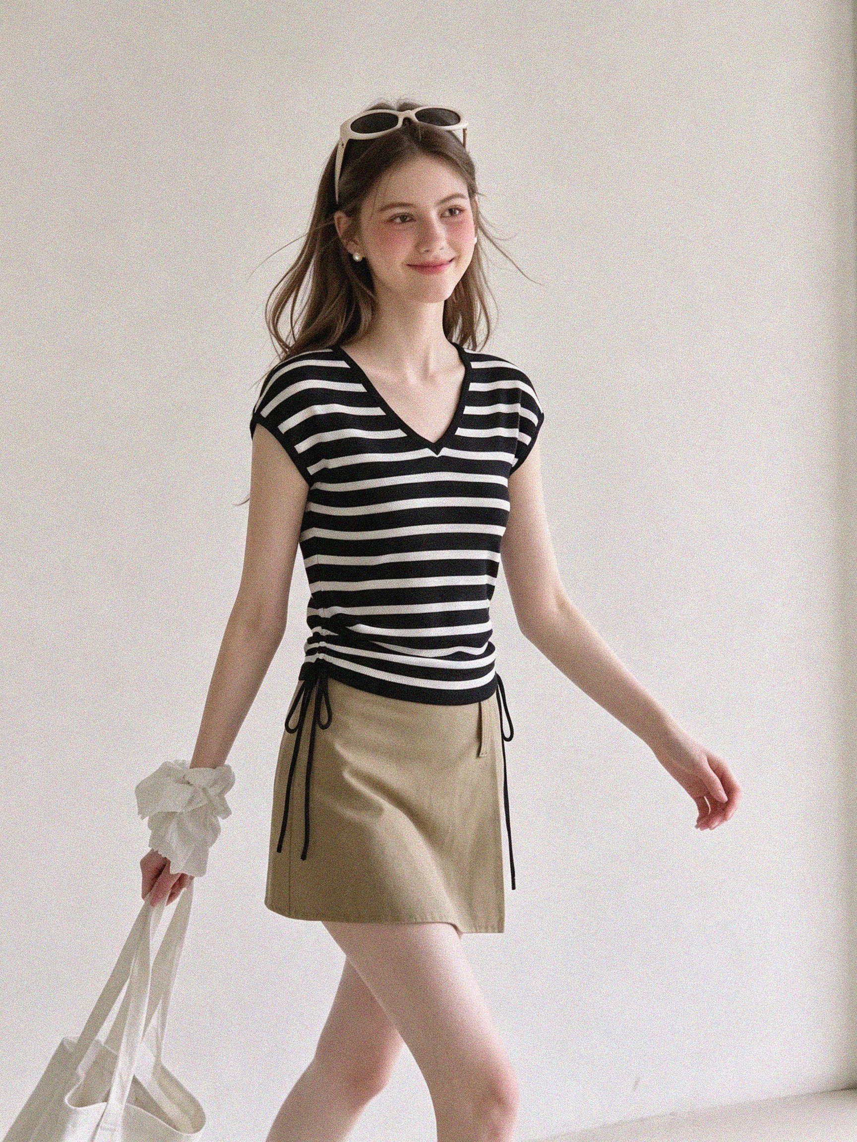 Unique Design Drawstring Knit Short Sleeve Women's Summer Striped V-Neck Shoulder Slim T-Shirt Top - Image 2