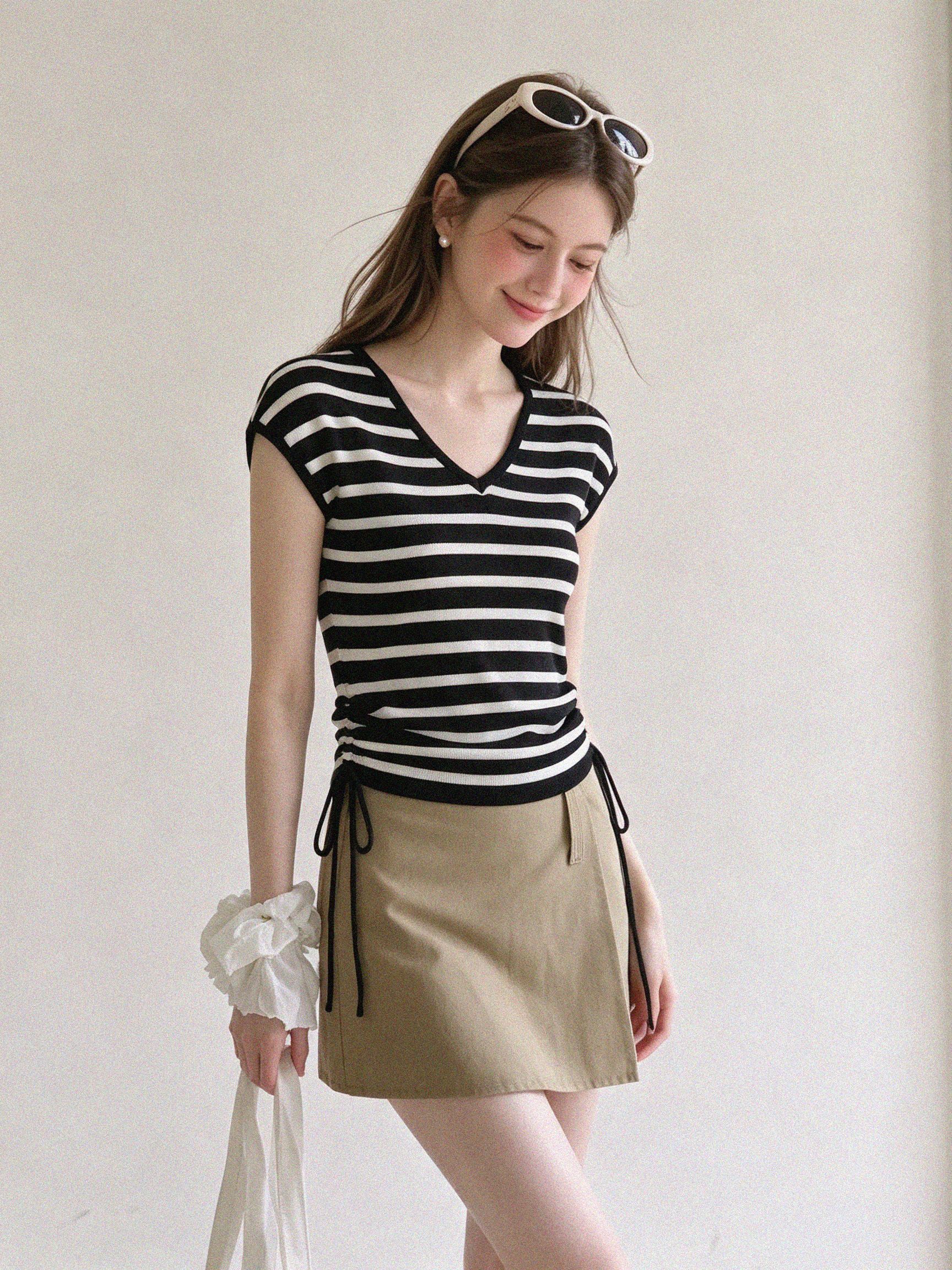 Unique Design Drawstring Knit Short Sleeve Women's Summer Striped V-Neck Shoulder Slim T-Shirt Top - Image 3