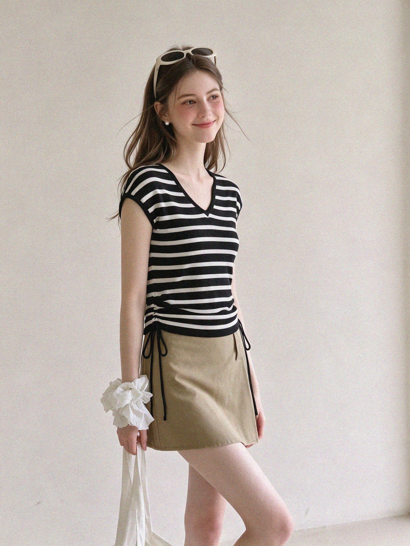Unique Design Drawstring Knit Short Sleeve Women's Summer Striped V-Neck Shoulder Slim T-Shirt Top - Image 4