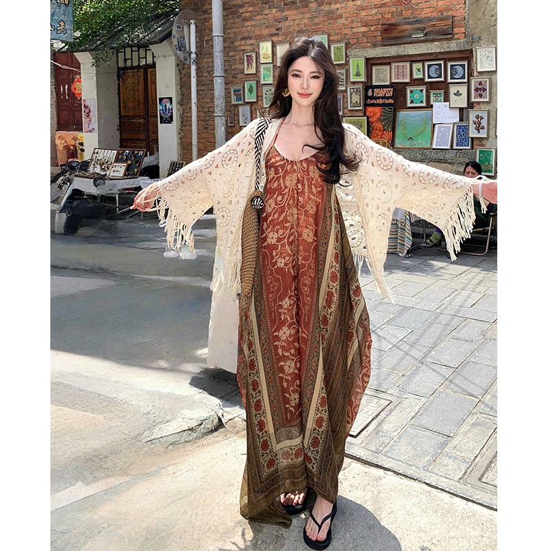 Vintage Boho Travel Vacation Dress Loose Halter Long Dress Floral Print