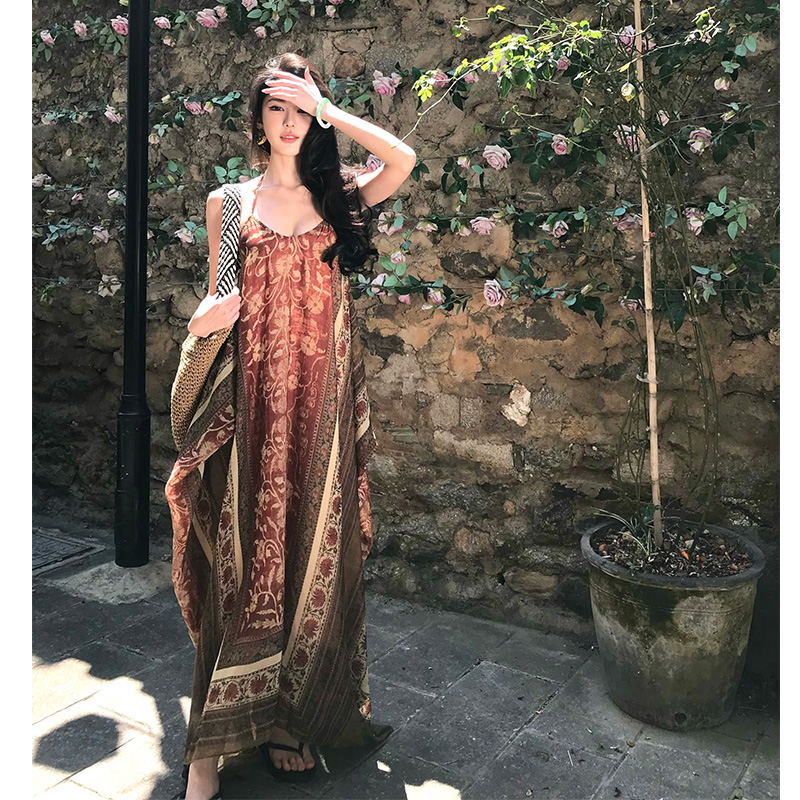 Vintage Boho Travel Vacation Dress Loose Halter Long Dress Floral Print - Image 2