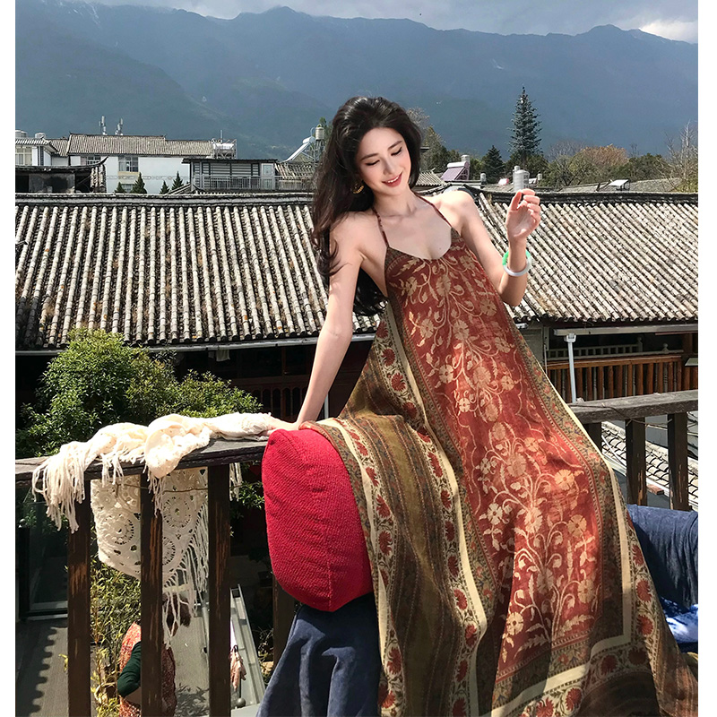 Vintage Boho Travel Vacation Dress Loose Halter Long Dress Floral Print - Image 3