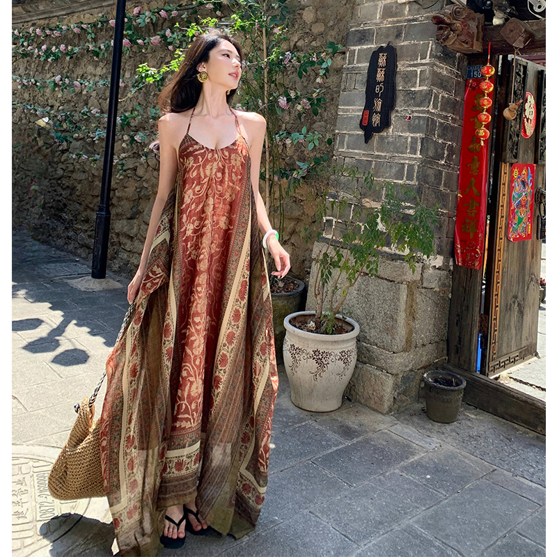 Vintage Boho Travel Vacation Dress Loose Halter Long Dress Floral Print - Image 5