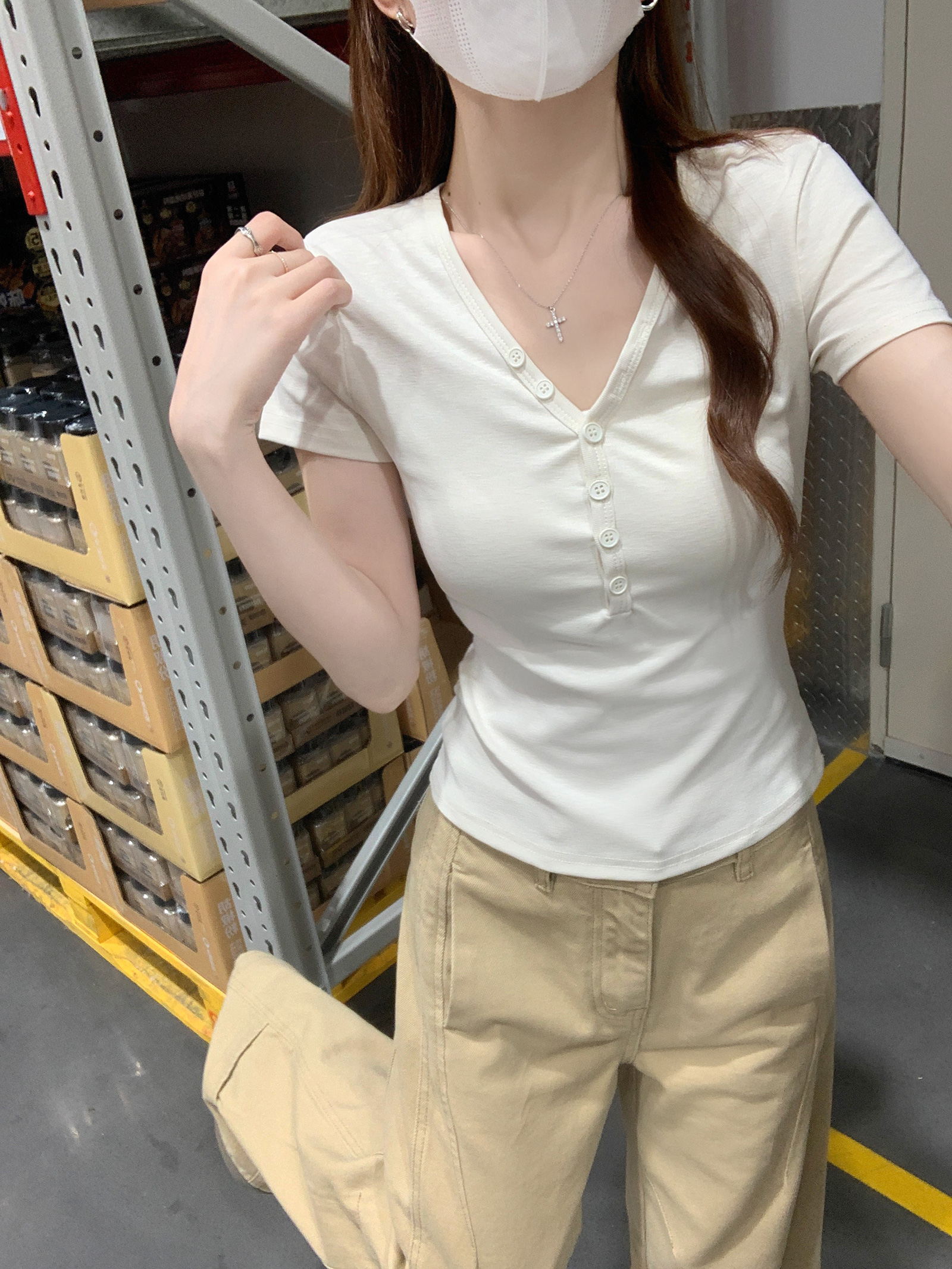 Women’s Summer Cotton Knit Short Sleeve T-Shirt with Buttons V-Neck Slim Fit Casual Top