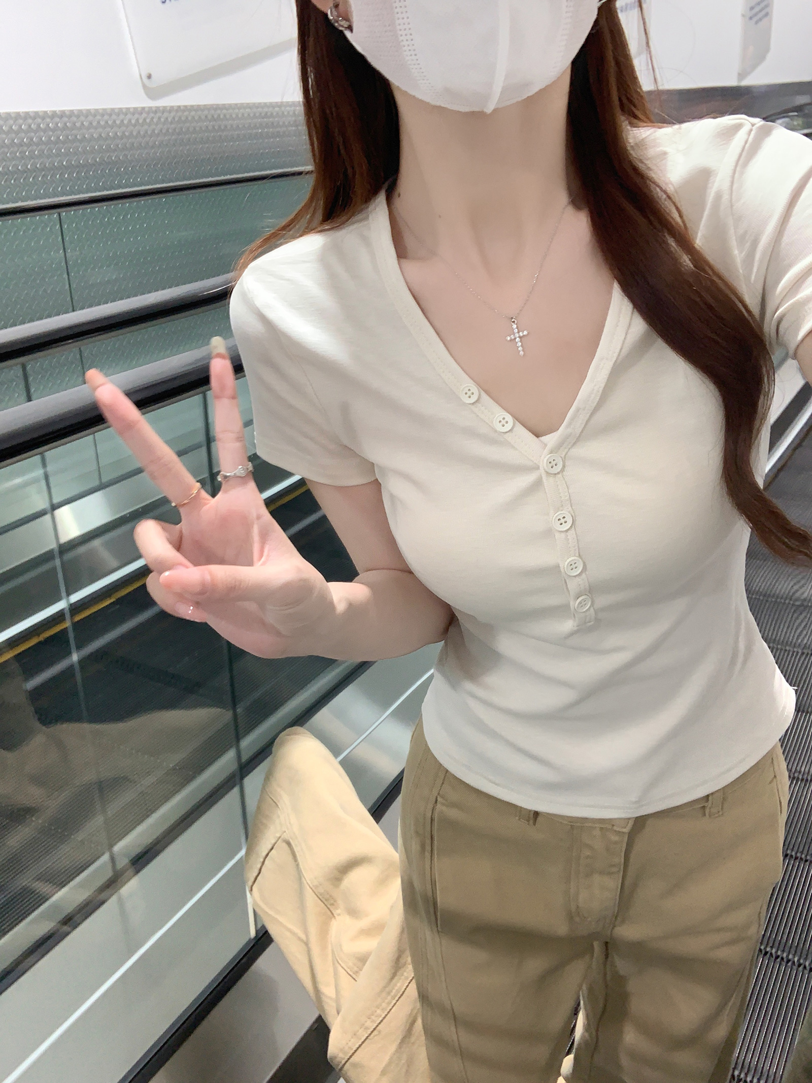 Women's Summer Cotton Knit Short Sleeve T-Shirt with Buttons V-Neck Slim Fit Casual Top - Image 2