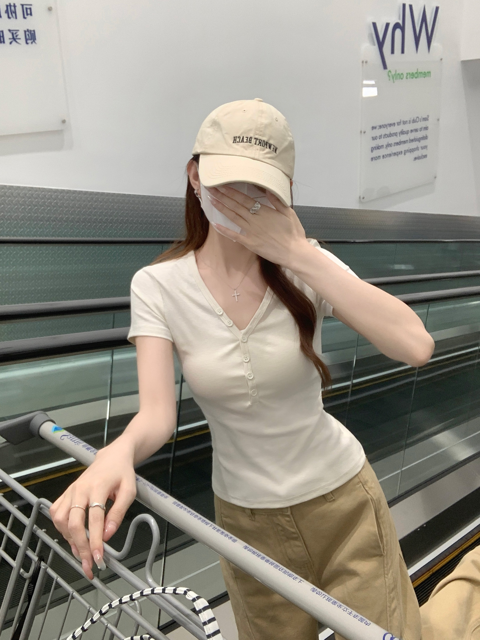 Women's Summer Cotton Knit Short Sleeve T-Shirt with Buttons V-Neck Slim Fit Casual Top - Image 3