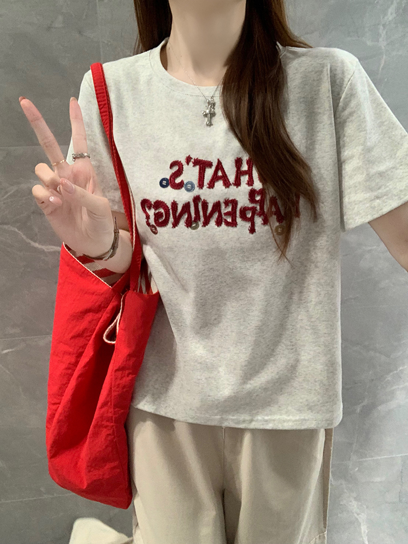 Women’s Summer Cotton Ribbed 210g Short Sleeve T-Shirt with Embroidery Round Neck Slim Fit