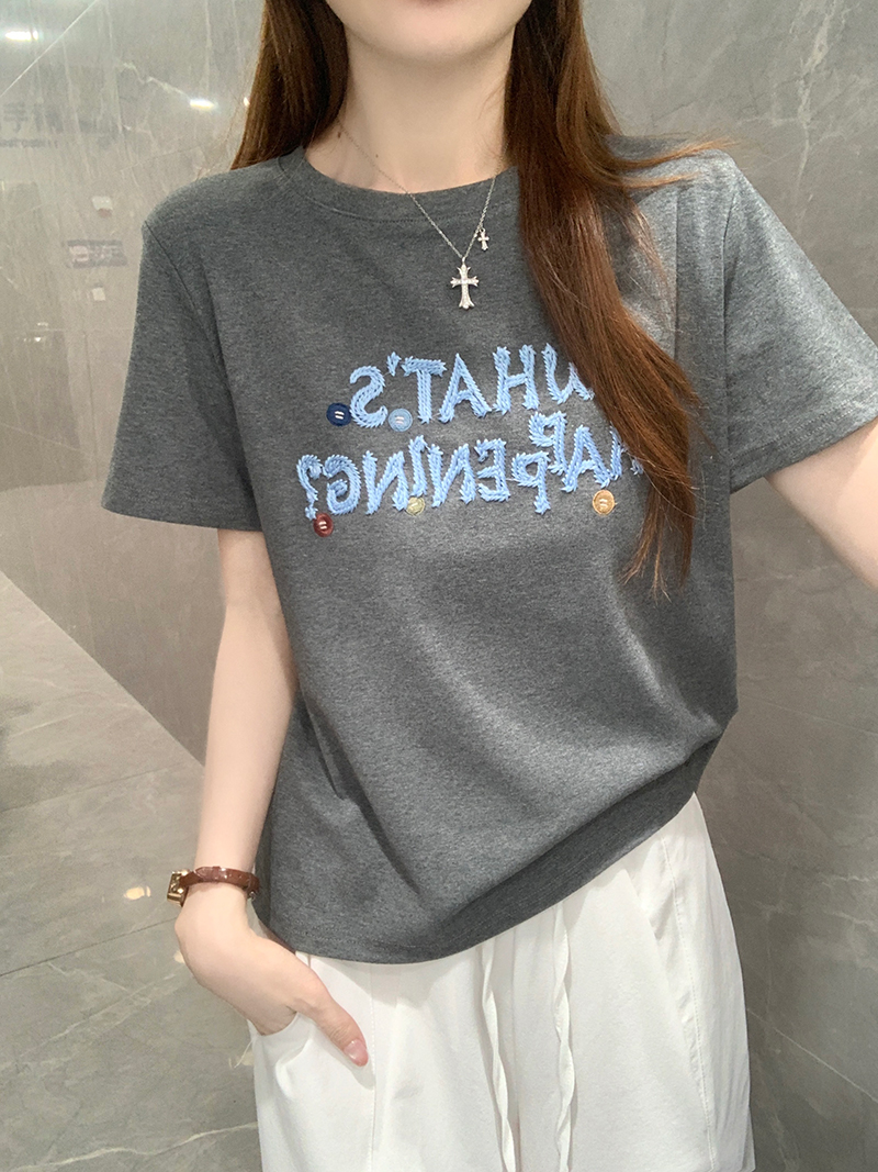 Women's Summer Cotton Ribbed 210g Short Sleeve T-Shirt with Embroidery Round Neck Slim Fit - Image 2