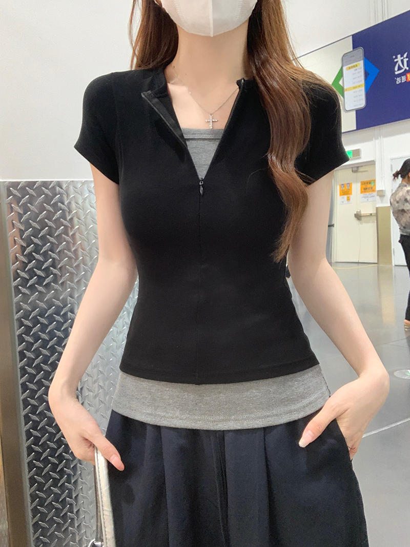 Women’s Summer Cotton Ribbed Knit Short Sleeve T-Shirt with Contrast Two-Layer Zipper V-Neck