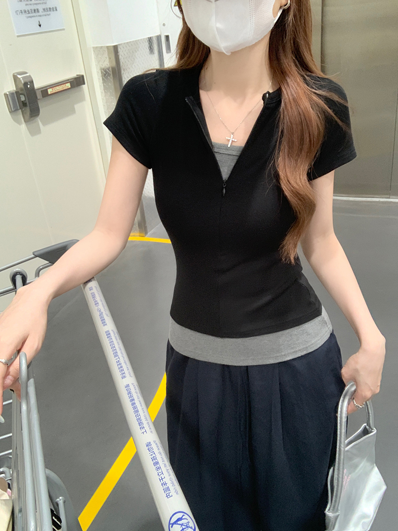 Women's Summer Cotton Ribbed Knit Short Sleeve T-Shirt with Contrast Two-Layer Zipper V-Neck - Image 4