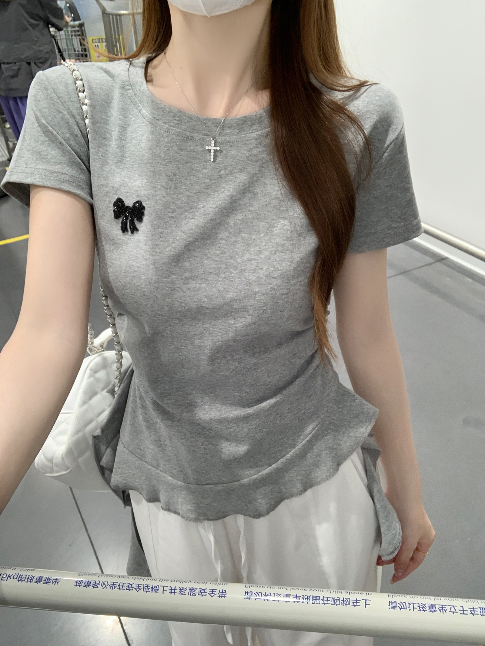 Women’s Summer Cotton Ribbed Short Sleeve T-Shirt with Bow Tie Slim Round Neck Top