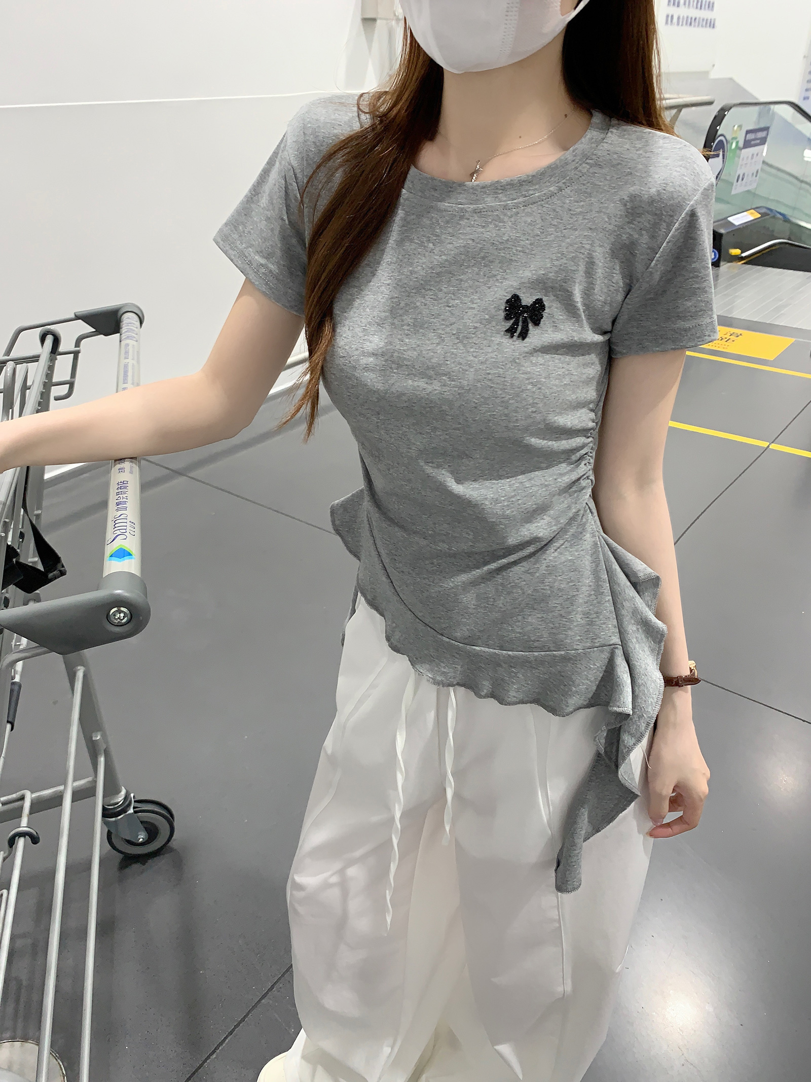 Women's Summer Cotton Ribbed Short Sleeve T-Shirt with Bow Tie Slim Round Neck Top - Image 2