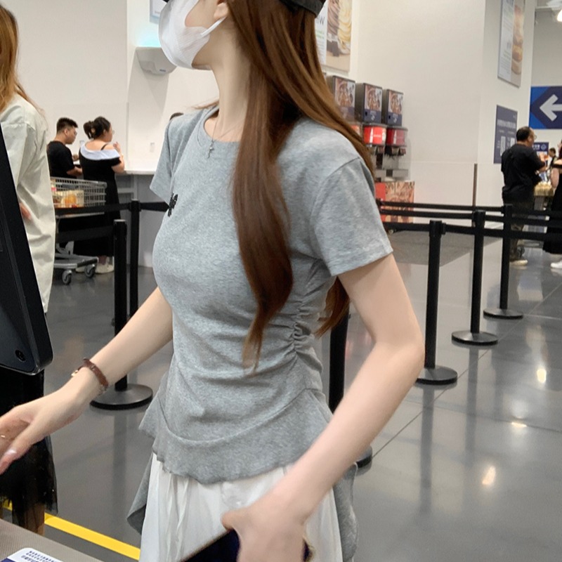Women's Summer Cotton Ribbed Short Sleeve T-Shirt with Bow Tie Slim Round Neck Top - Image 5