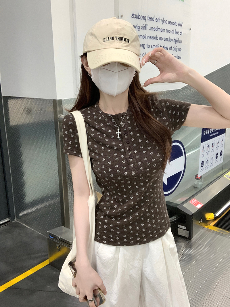 Women’s Summer Knit Floral Henley Neck T-Shirt Short Sleeve Slim Fit 270g Fabric