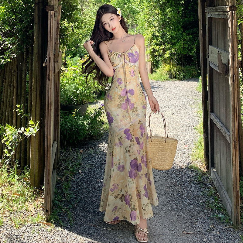 Women’s Summer Lace Bodycon Fishtail Floral Print Halter Dress Long Dress