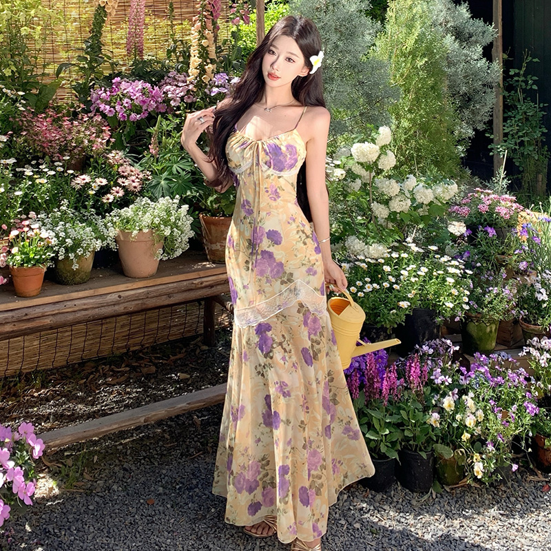 Women's Summer Lace Bodycon Fishtail Floral Print Halter Dress Long Dress - Image 2