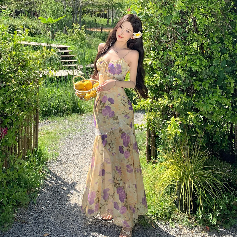 Women's Summer Lace Bodycon Fishtail Floral Print Halter Dress Long Dress - Image 3