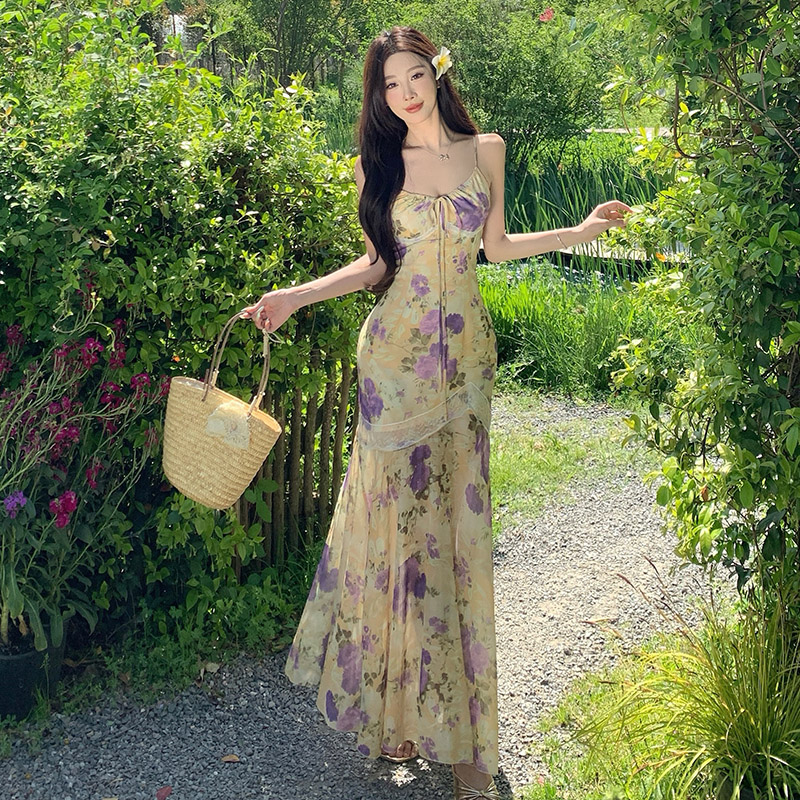 Women's Summer Lace Bodycon Fishtail Floral Print Halter Dress Long Dress - Image 4