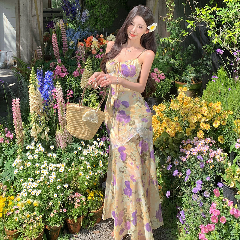 Women's Summer Lace Bodycon Fishtail Floral Print Halter Dress Long Dress - Image 5