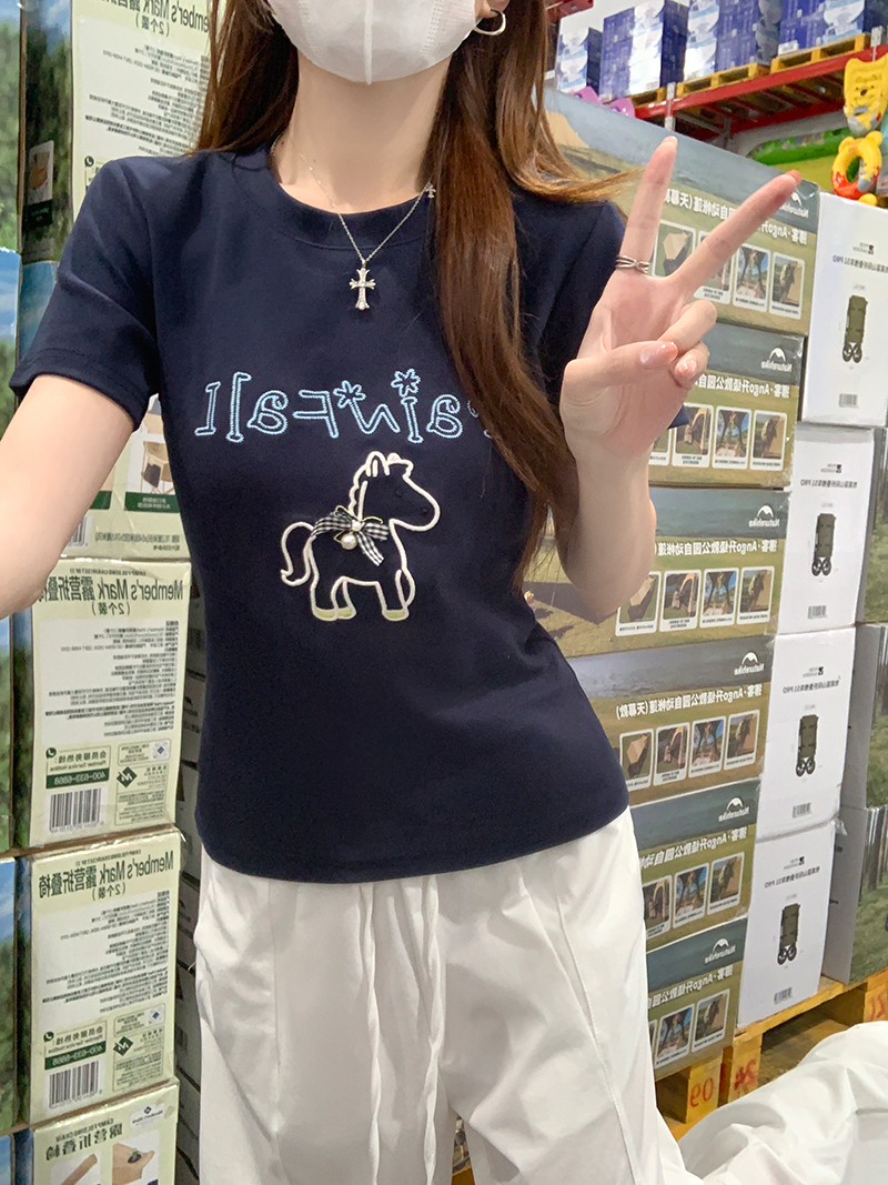 Women’s Summer Short Sleeve T-Shirt 210g Cotton Spandex Cartoon Embroidery Crew Neck