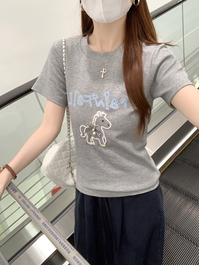 Women's Summer Short Sleeve T-Shirt 210g Cotton Spandex Cartoon Embroidery Crew Neck - Image 2