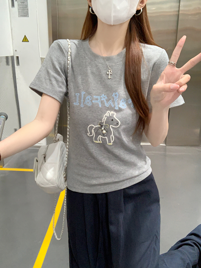 Women's Summer Short Sleeve T-Shirt 210g Cotton Spandex Cartoon Embroidery Crew Neck - Image 4