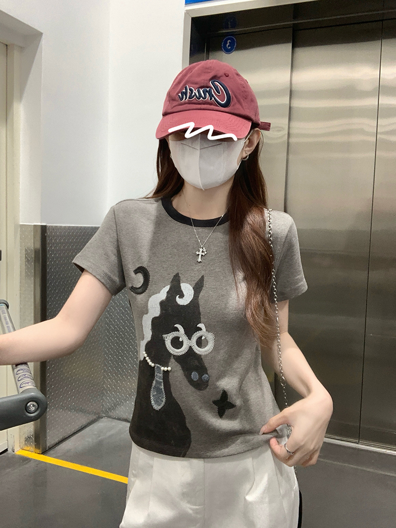 Women’s Summer Short Sleeve T-Shirt with Embroidery and Beading – 260g Cotton Blend Crew Neck Top