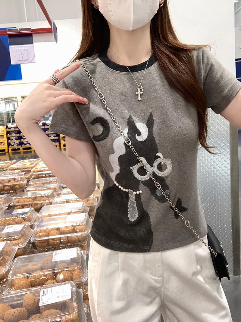 Women's Summer Short Sleeve T-Shirt with Embroidery and Beading - 260g Cotton Blend Crew Neck Top - Image 2