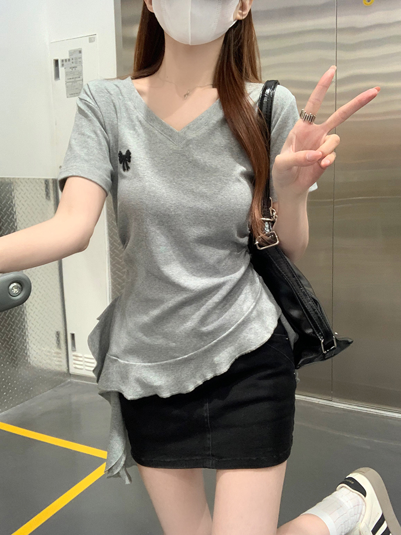Women’s Summer V-Neck Short Sleeve T-Shirt with Bowknot, Solid Color, Slim Fit, Cotton Spandex