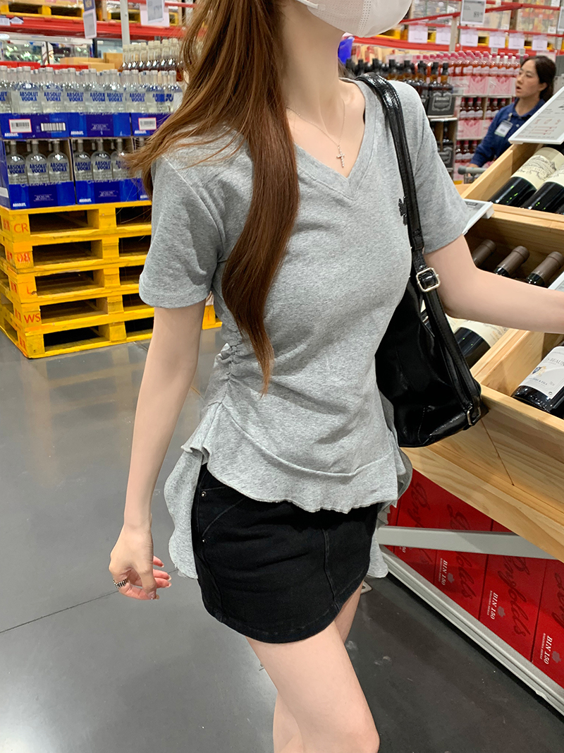 Women's Summer V-Neck Short Sleeve T-Shirt with Bowknot, Solid Color, Slim Fit, Cotton Spandex - Image 2