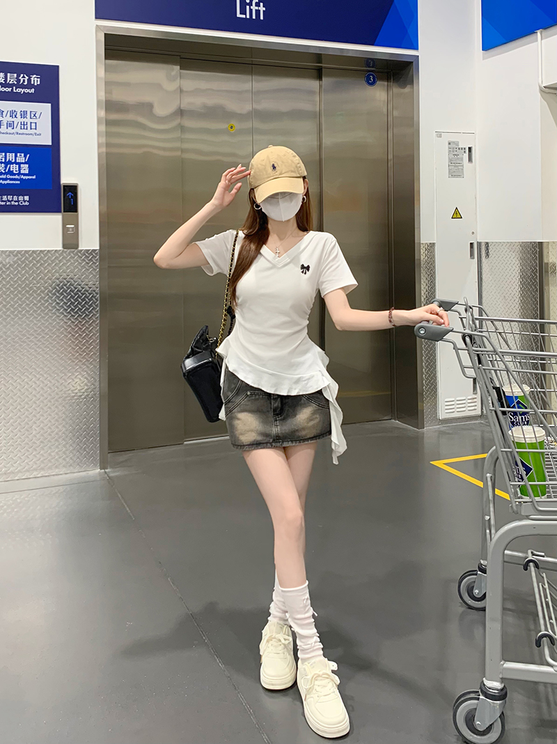 Women's Summer V-Neck Short Sleeve T-Shirt with Bowknot, Solid Color, Slim Fit, Cotton Spandex - Image 3