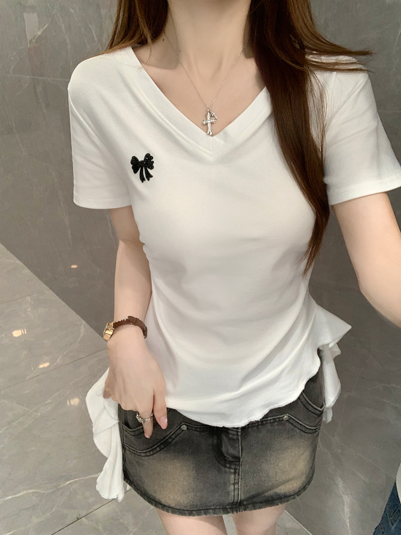 Women's Summer V-Neck Short Sleeve T-Shirt with Bowknot, Solid Color, Slim Fit, Cotton Spandex - Image 4