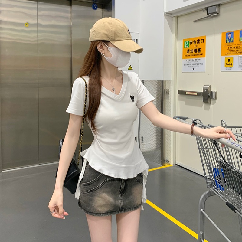 Women's Summer V-Neck Short Sleeve T-Shirt with Bowknot, Solid Color, Slim Fit, Cotton Spandex - Image 5