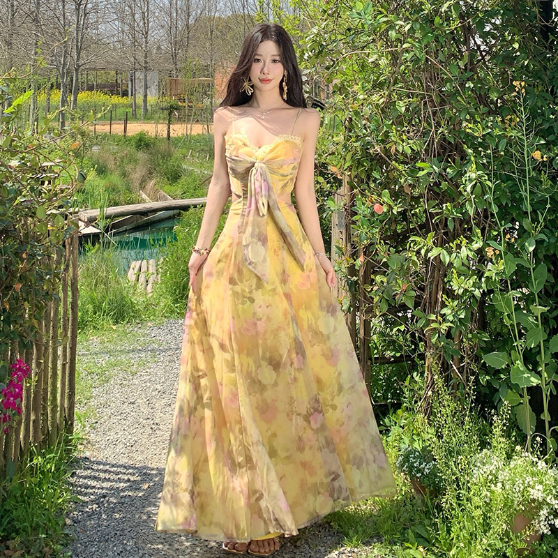 Yellow Floral Print Strapless Long Dress Vacation Style with Padded Bust Summer Dress