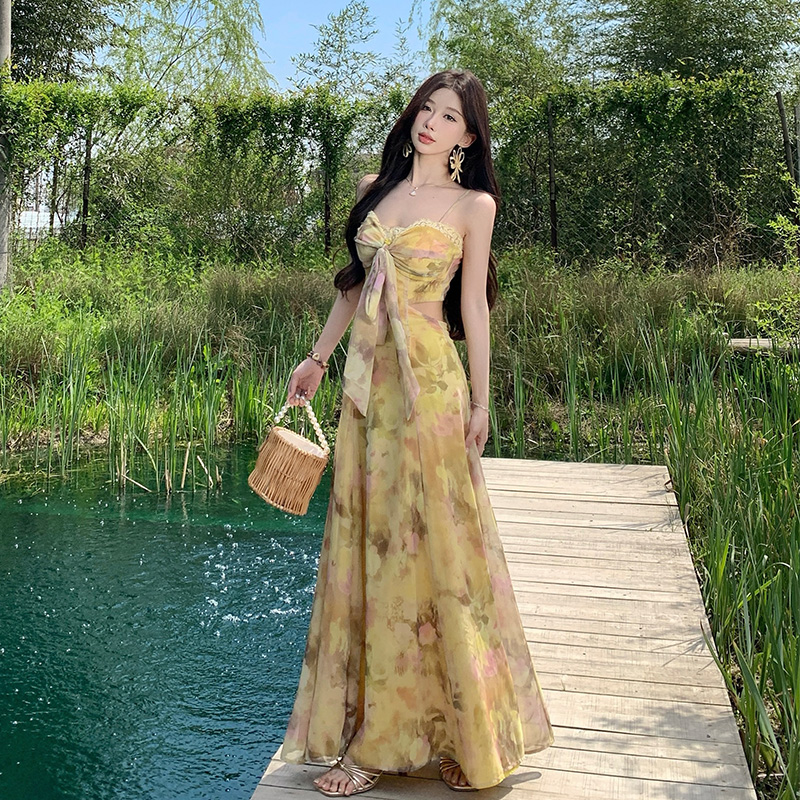 Yellow Floral Print Strapless Long Dress Vacation Style with Padded Bust Summer Dress - Image 2