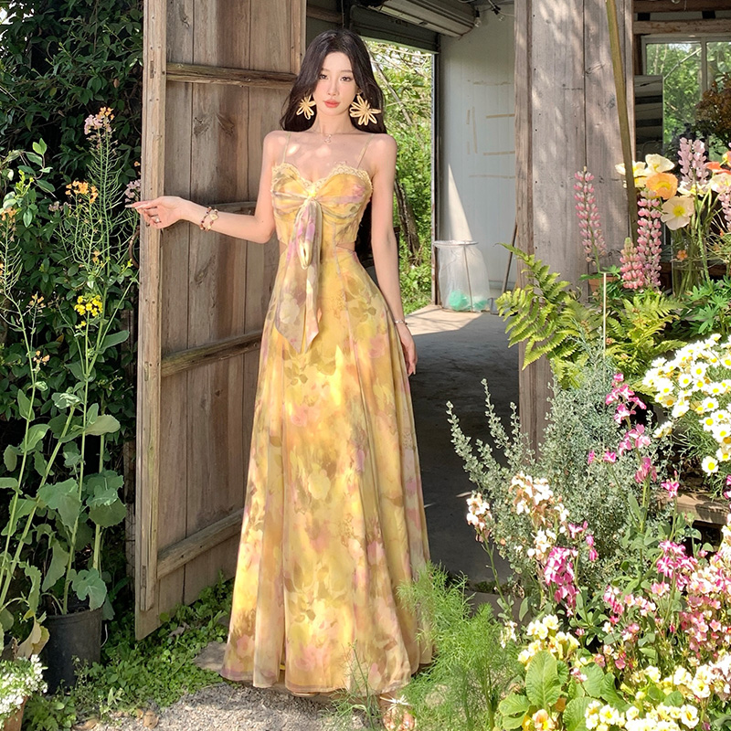 Yellow Floral Print Strapless Long Dress Vacation Style with Padded Bust Summer Dress - Image 3