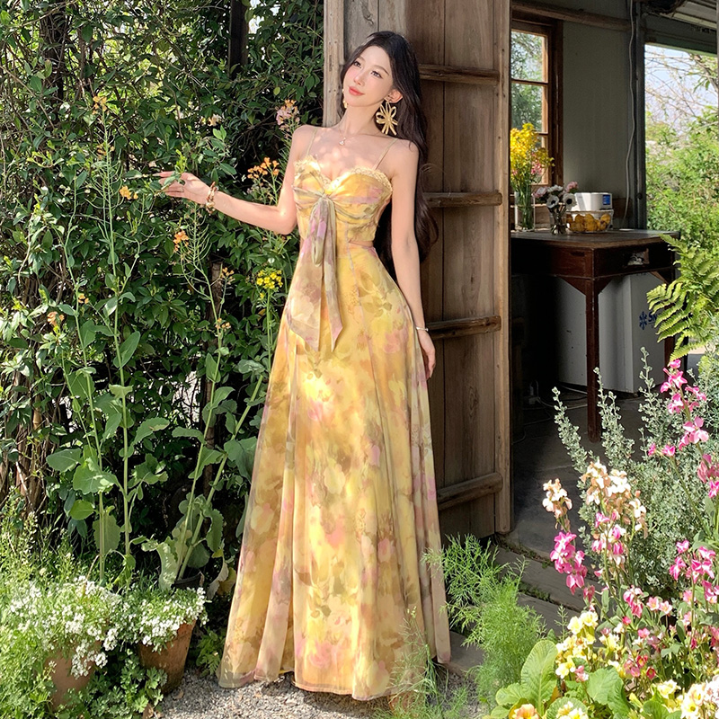 Yellow Floral Print Strapless Long Dress Vacation Style with Padded Bust Summer Dress - Image 4