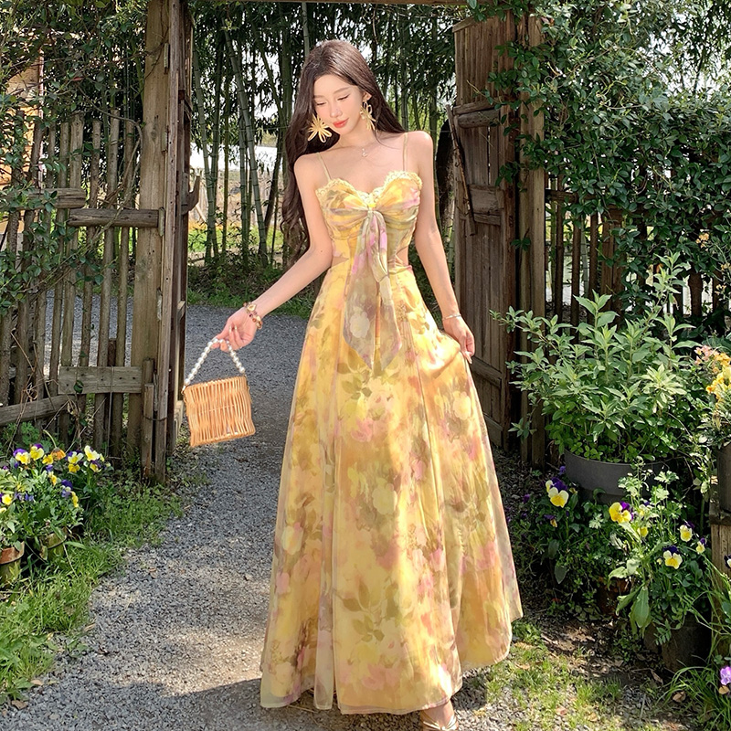 Yellow Floral Print Strapless Long Dress Vacation Style with Padded Bust Summer Dress - Image 5